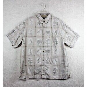 Columbia Sportswear River Lodge Men's XL Beige Fishing Print Shirt 100% Cotton